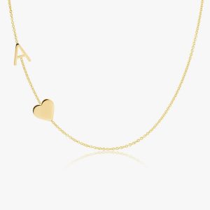 Letter Necklace with Heart Yellow Gold